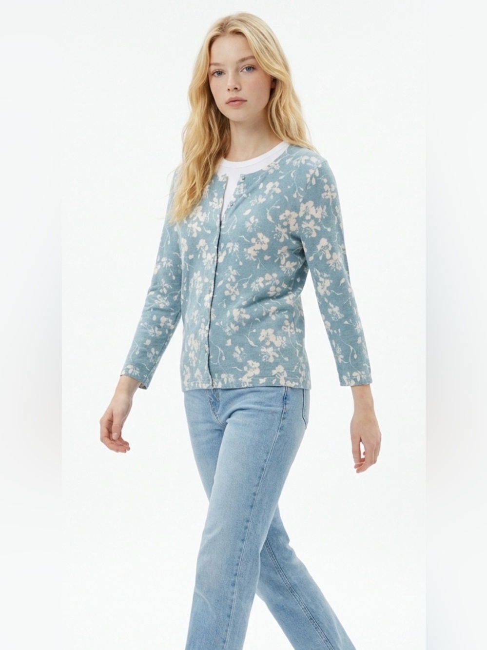 Garnet Hill Light Blue Floral Button-Front 3/4 Sleeve Merino Wool Cardigan